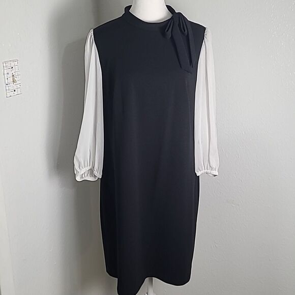 Calvin Klein Black Dress with Bow at Neckline, Long White Puffy Sleeves, Size 14 - Picture 1 of 10